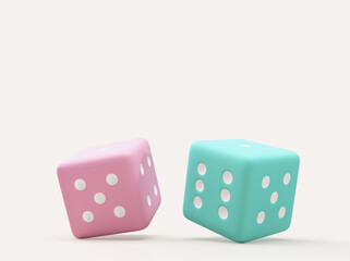 Two dice on pink background.pink and blue dice, 3d render illustration.Concept for Chance for baby girl or boy.play luck random.icsi ivf lab treatment.Kid children game board.3d dice bet.gambling.
