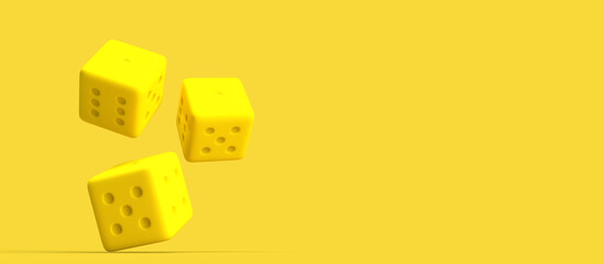 Two yellow cheese cube dice on yellow background.3d render illustration.Concept for online gambling.play board game with luck.3d dice bet.gambling. fun game chance for money.risk and roll.casino lucky - obrazy, fototapety, plakaty