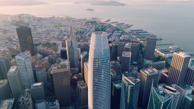 San Francisco skyline aerial cityscape orbit flythrough over skyscrapers, California, USA