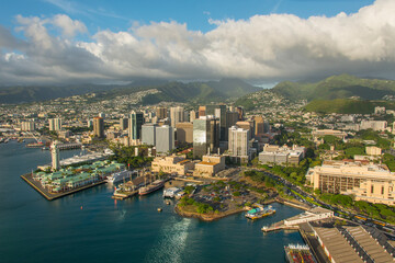 Aerial view of downtown Honolulu Harbour, Oahu, Hawaii, USA