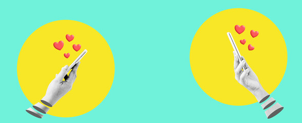 Art collage digital pop modern art.Hand holding smartphone.Man and woman couple sent love heart holding a smartphone.Surreal poster digital technology dating app.evaluation positive.Chat social media.