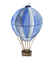 Watercolor flying balloon in blue colors. High resolution illustration