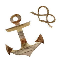 Watercolor set of illustrations sailing. Wooden anchor and rope for sea advanture.