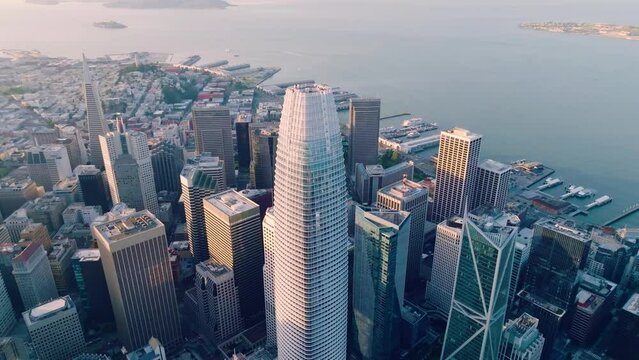 San Francisco skyline aerial cityscape orbit flythrough over skyscrapers, California, USA