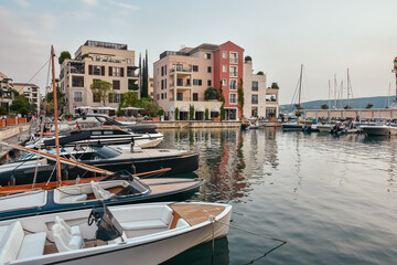Sailing boats in marina at sunset. Tivat. Montenegro