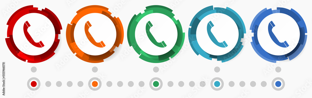 Aufkleber phone, call, contact concept vector icon set, modern design abstract web buttons i n 5 color options