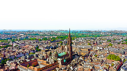 Strasbourg, France. The historical part of the city, Strasbourg Cathedral. Bright cartoon style illustration. Aerial view - obrazy, fototapety, plakaty
