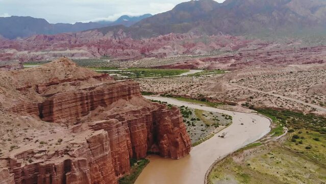 Aerial View Of Colored Rocks Of Los Castillos In Las Conchas River Valley, Argentina