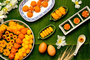 Thai traditional dessert concept, Assorted thai desserts served in a plate for auspicious day