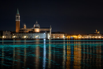 Fototapeta na wymiar Venice, San Giorgio Maggiore at night with long exposure light trails