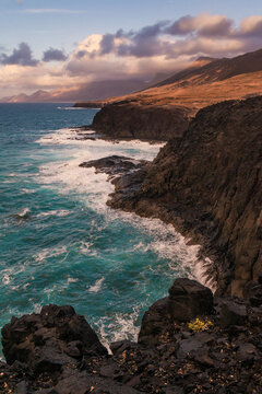 Aerial view of rocky coastline and Tia beach, Punta Jandia, Fuerteventura, canary Islands, Spain