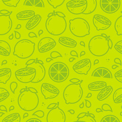 Lime, lemon, orange vector seamless pattern in outline style. Citrus fruits for package, kitchen design, fabric and textile. Citrus wallpaper