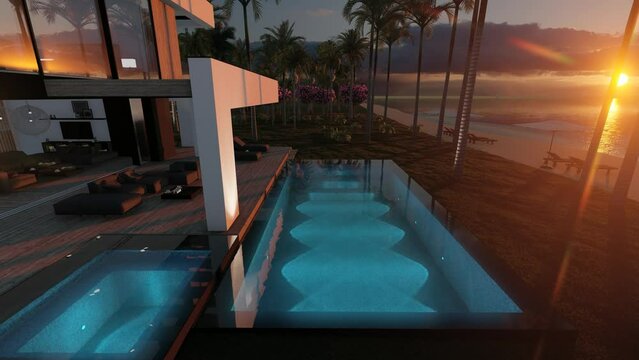 4K video rendering of modern cozy house with pool and parking for sale or rent in luxurious style by the sea or ocean. Sunset evening by the coast with palm and flowers in tropical island Fly-walk