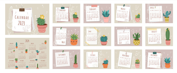 2023 calendar. Cover, set of 12 months pages and page with 2024 calendar. Pieces of papers, different types of cacti and cacti contours in flat style. Week starts on Saturday. Vector illustration.
