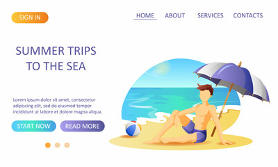 Website design with a man resting on the seashore.