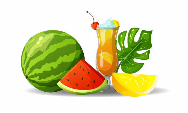 Still life from summer bright eida. Watermelon, lemon wedge, refreshing cocktail and tropical leaf.