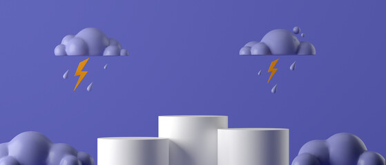 Podium 3d cartoon rain season and clouds with rain on blue dark background. concept for banner, cover, brochure. 3d rendering illustration