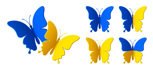 Fototapeta na wymiar Set of shapes of blue yellow swallowtail butterflies with different wings isolated on a white background. Vector silhouette of butterfly is perfect for patriot sticker, icon and decoration design