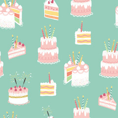 Fun hand drawn party seamless background with cute decorated cakes. Great for birthday parties, textiles, banners, wallpapers, wrapping - vector design