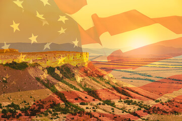 Nature of North America and the American flag. Double exposure.
