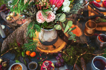 Table setting for a wedding ceremony in an eco style in the forest.