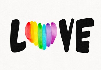 Rainbow love text with heart shape. LGBT  Pride month watercolor texture concept.