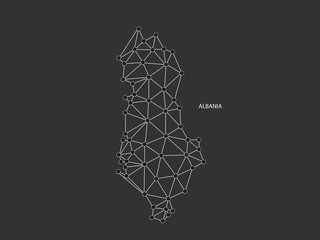 Fototapeta na wymiar Albania Map Point scales on black background. Wire frame polygonal network white line, dot and shadow dot.