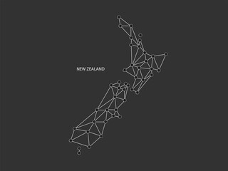 New Zealand Map Point scales on black background. Wire frame polygonal network white line, dot and shadow dot.