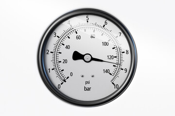 3d illustration of a round barometer with markings up to 140 on a white  isolated background