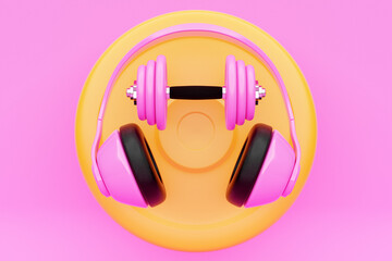 3D illustration  metal pink dumbbell with disks and headphones  on   pink  background. Fitness and sports equipment
