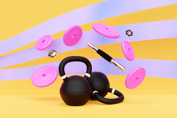 Naklejka na ściany i meble Two heavy blue metal kettlebells and a disassembled dumbbell with plates on a yellow background. The concept of successful training and improvements in sports