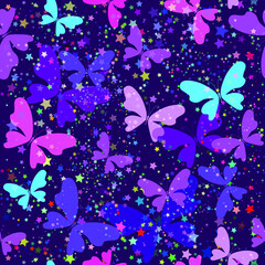 Bright fantasy purple seamless pattern with light multi-colored butterflies on the background of the starry sky. Vector eps 10