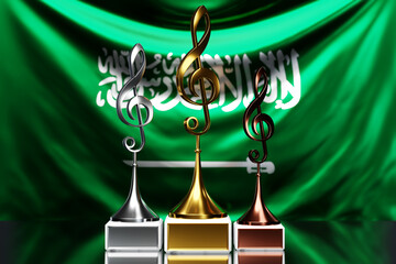 Treble clef awards for winning the music award against the background of the national flag of ...