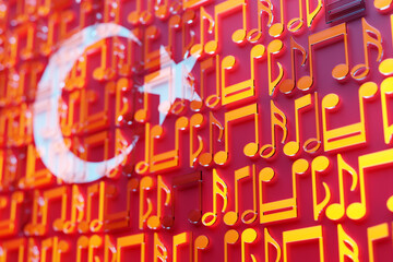 Musical notes lined up in even rows against the backdrop of the National Flag of   Turkey .. The concept of the national anthem, music. 3D illustration