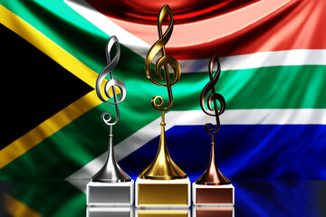 Treble clef awards for winning the music award against the background of the national flag of South Africa, 3d illustration.