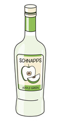 Green apple schnapps in a bottle. Doodle cartoon hipster style vector illustration isolated on white background. For party card, posters, bar menu or alcohol cook book