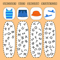 Developing activities for children, compare which more t-shirt. panama, short, flip flop . Logic game for children, mathematical inequalities.