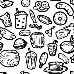 Set of food. Baking buns and meat dishes. Hand drawing outline. Isolated on white background. Monochrome drawing. Vector