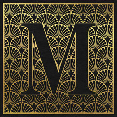 Latin letter on classic Art Deco abstract background. Gold scrapbook paper. Letter M