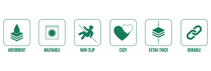 absorbent, washable, non-slip, cozy, extra thick, durable bathtub mat packaging icons