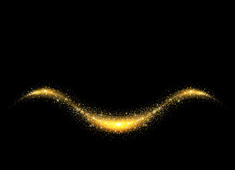 Sparkle stardust wave. Golden glittering magic curve with gold particles isolated on black background. glowing wavy undulating element. Vector