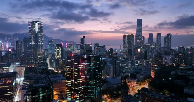 Top view of Hong Kong city at sunset