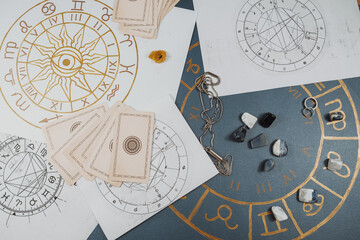 Astrology. Astrologer calculates natal chart and makes a forecast of fate.Tarot cards, Fortune telling on tarot cards magic crystal, occultism, Esoteric background. Fortune telling,tarot predictions. - obrazy, fototapety, plakaty