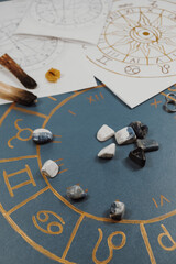 Astrology. Astrologer calculates natal chart and makes a forecast of fate.Tarot cards, Fortune telling on tarot cards magic crystal, occultism, Esoteric background. Fortune telling,tarot predictions.