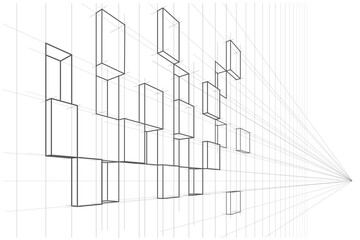 Linear architectural sketch abstract asymmetric cube facade in perspective on white background