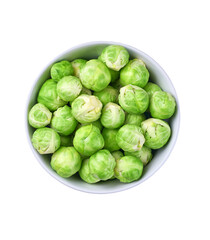 organic brussel sprouts in a white bowl isolated on white background, top view.