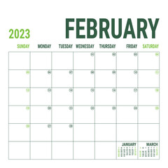 February. Planner 2023 year. English vector square calendar template. Minimalistic design. Week starts on Sunday