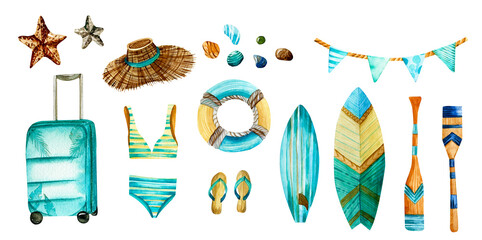 Big watercolor set of beach fashion elements. Hand drawn swimsuit, flip flops, hat, suitcase, surfboards, sea stones and stars, lifebuoy isolated on white background.