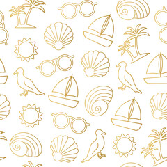 seamless summer pattern of sea shell, yacht, seagull, palm tree, eyeglasses and sun great for wrapping, textile, wallpaper, greeting cards- vector illustration