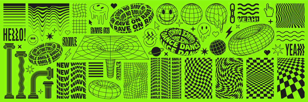 Rave psychedelic acid set with smile stickers. Trippy illustrations in trendy weird 90s style.